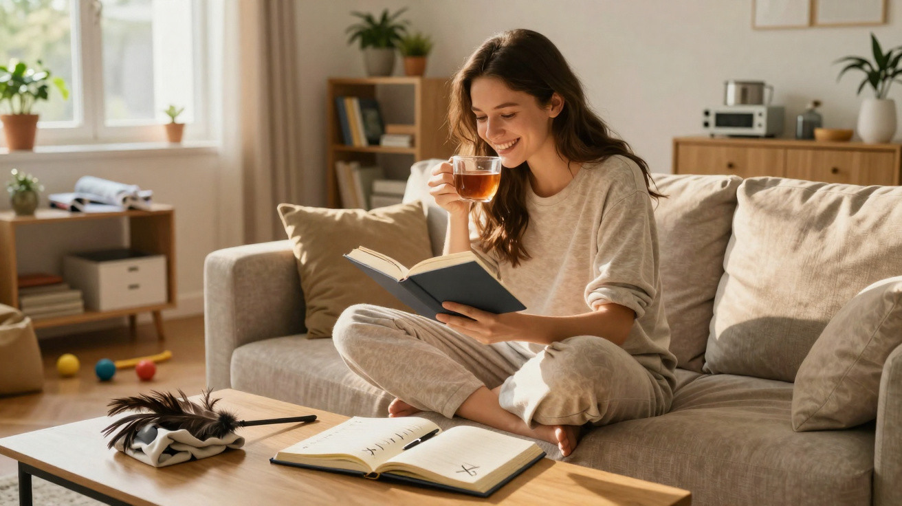 Junge Frau sitzt gemütlich auf Sofa, liest Buch und trinkt Tee in hellem, freundlich eingerichteten Wohnzimmer.