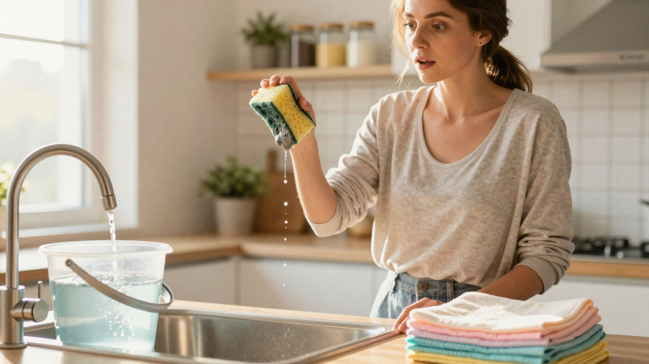 Frau wringt Schwamm über Küchenspüle aus, Wasser tropft, Handtücher liegen gefaltet am Tisch.