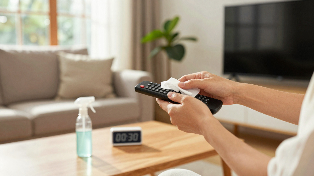 Person wischt Fernbedienung mit Reinigungstuch im Wohnzimmer mit Sofa und Fernseher ab.