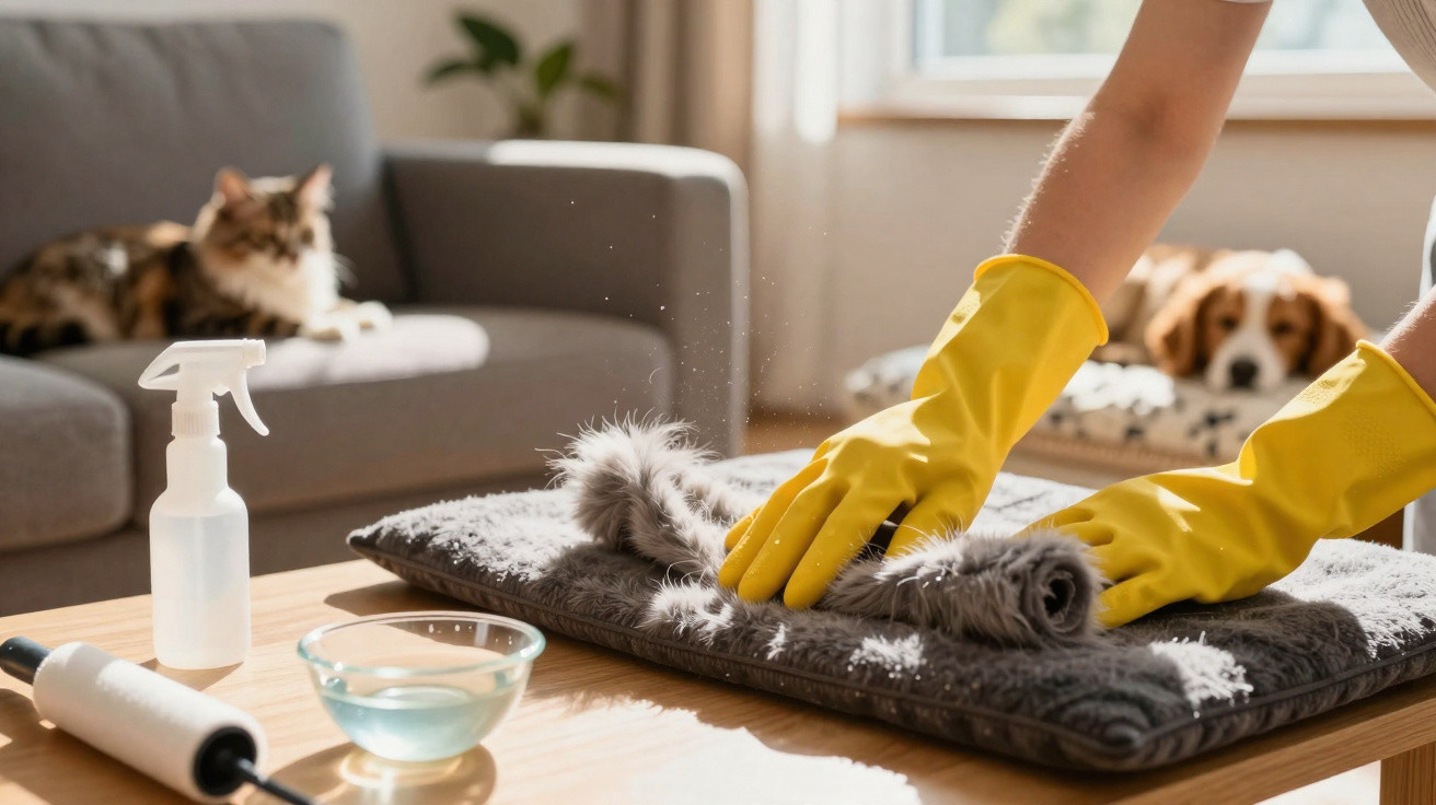 Person mit gelben Handschuhen reinigt Teppich, Katze liegt auf Sofa, Hund ruht im Hintergrund auf Kissen.