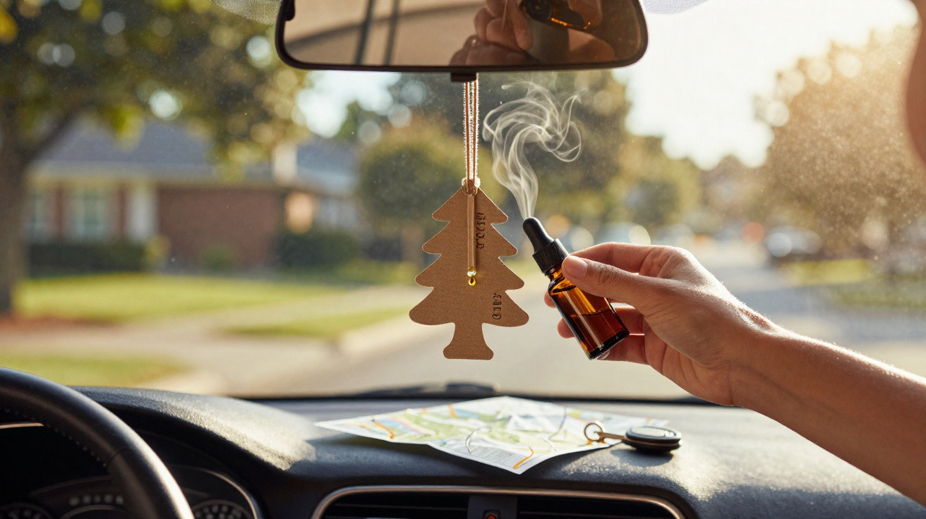 Hand sprüht Duftöl auf Weihnachtsbaum-Lufterfrischer im Auto bei Sonnenlicht draußen