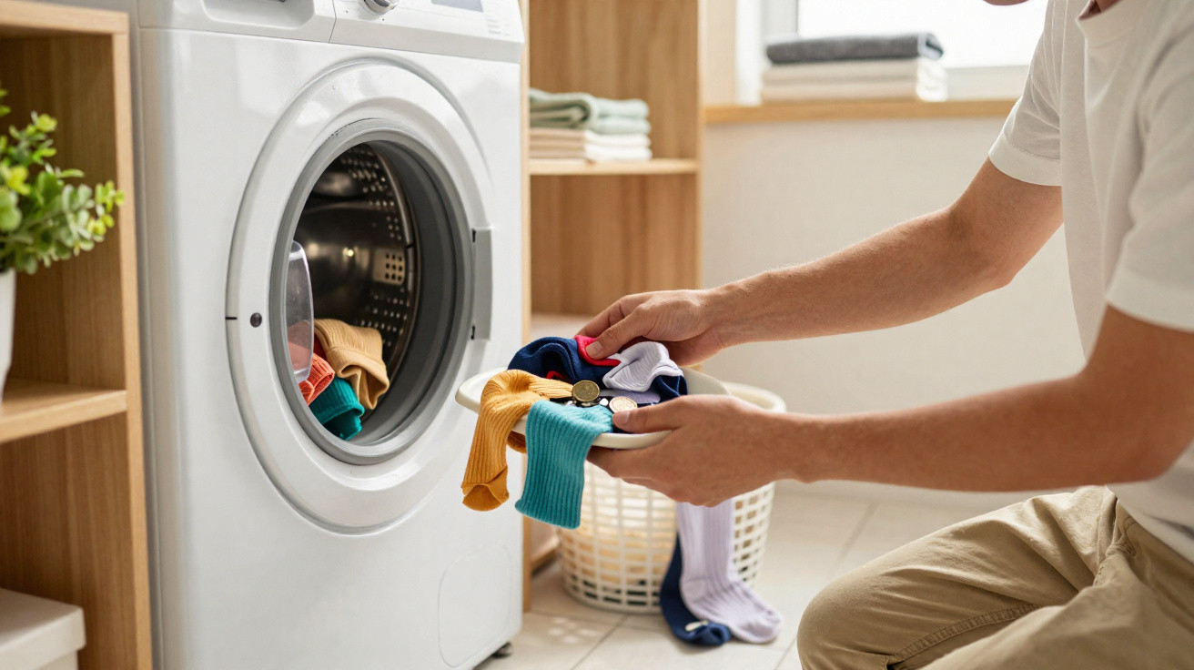 Person lädt bunte Socken in eine weiße Frontlader-Waschmaschine in einem hellen Raum mit Holzregal.