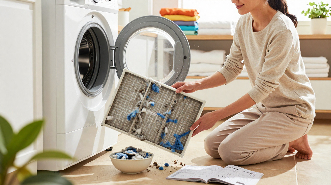 Frau reinigt Fussel- und Flusenfilter ihrer Waschmaschine in einem hellen Waschraum.