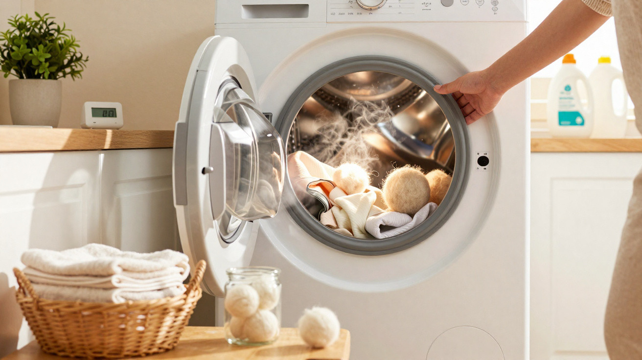 Hand öffnet Waschmaschinentür mit laufender Wäsche und Trocknerbällen, Wäschekorb und Pflanzen im Hintergrund.