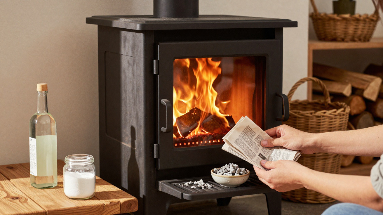 Moderne Holzofen mit brennendem Feuer, Hände halten Zeitung, Holz und Körbe im Hintergrund.
