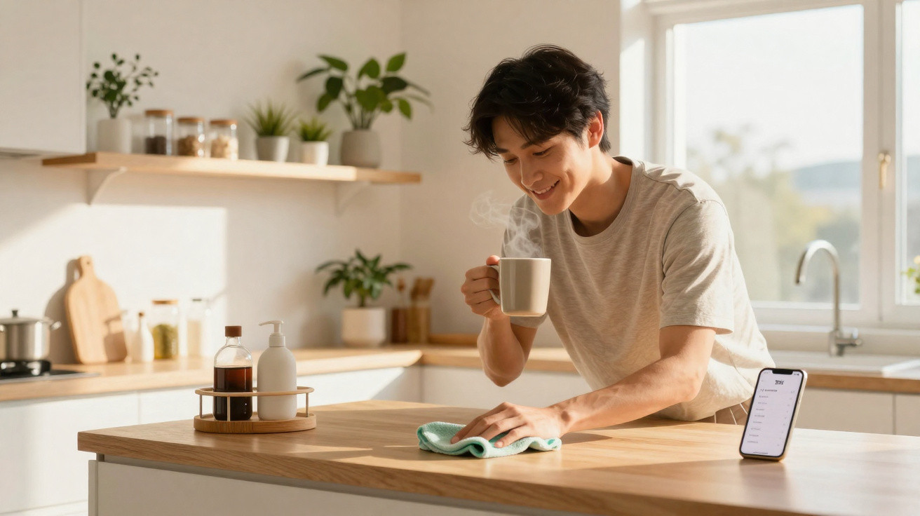 Junger Mann trinkt Kaffee und wischt die Küchenarbeitsplatte in sonnendurchfluteter Küche.