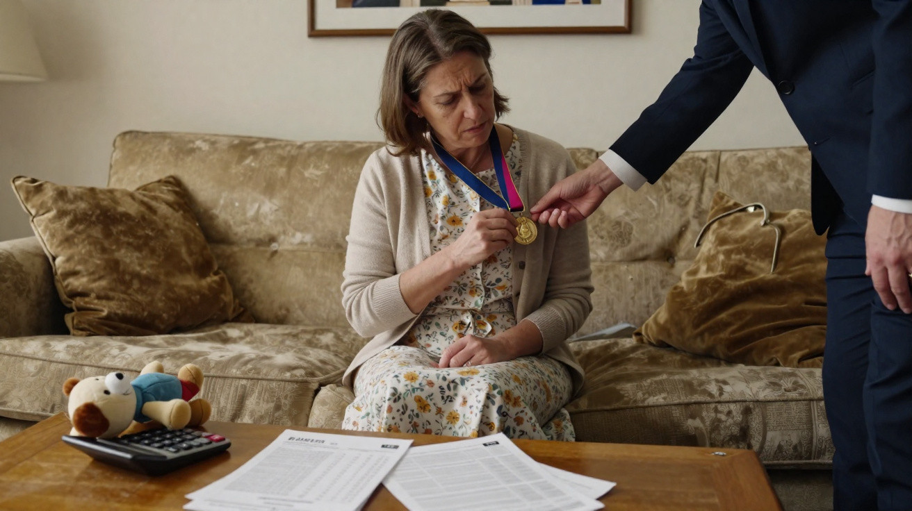Frau mit Medaille sitzt nachdenklich auf Sofa, Mann überreicht ihr die Auszeichnung im Wohnzimmer.