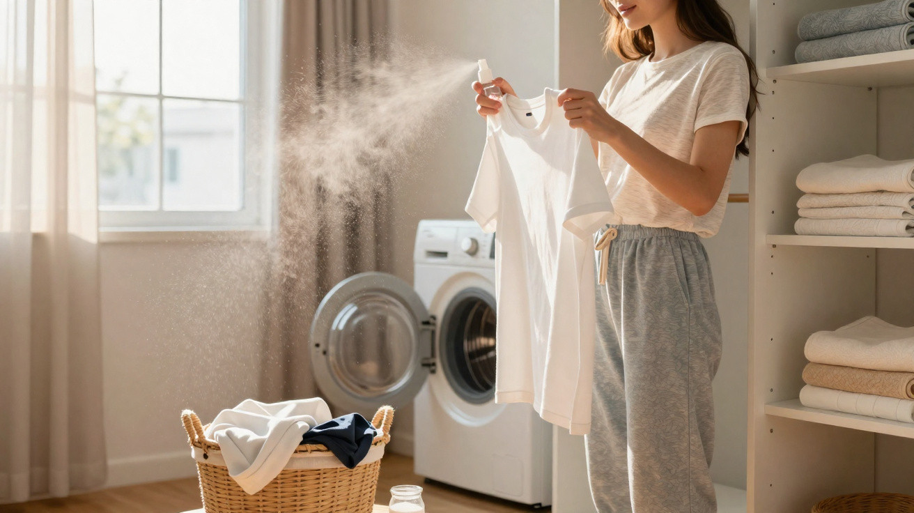 Frau sprüht Waschmittel auf weißes T-Shirt vor Waschmaschine in hellem Waschraum mit Wäschekorb.