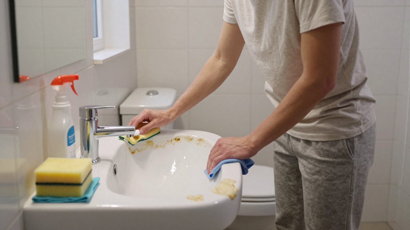 Person reinigt verschmutztes Waschbecken im Badezimmer mit Schwamm und Tuch.