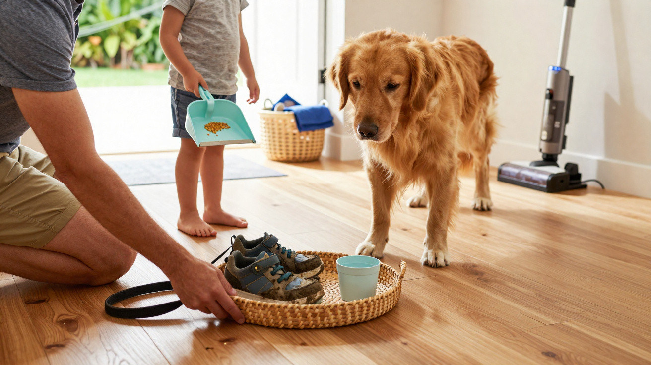 Kind und Erwachsener reinigen Schuhe vor Eintritt ins Haus, Hund beobachtet auf Holzboden.
