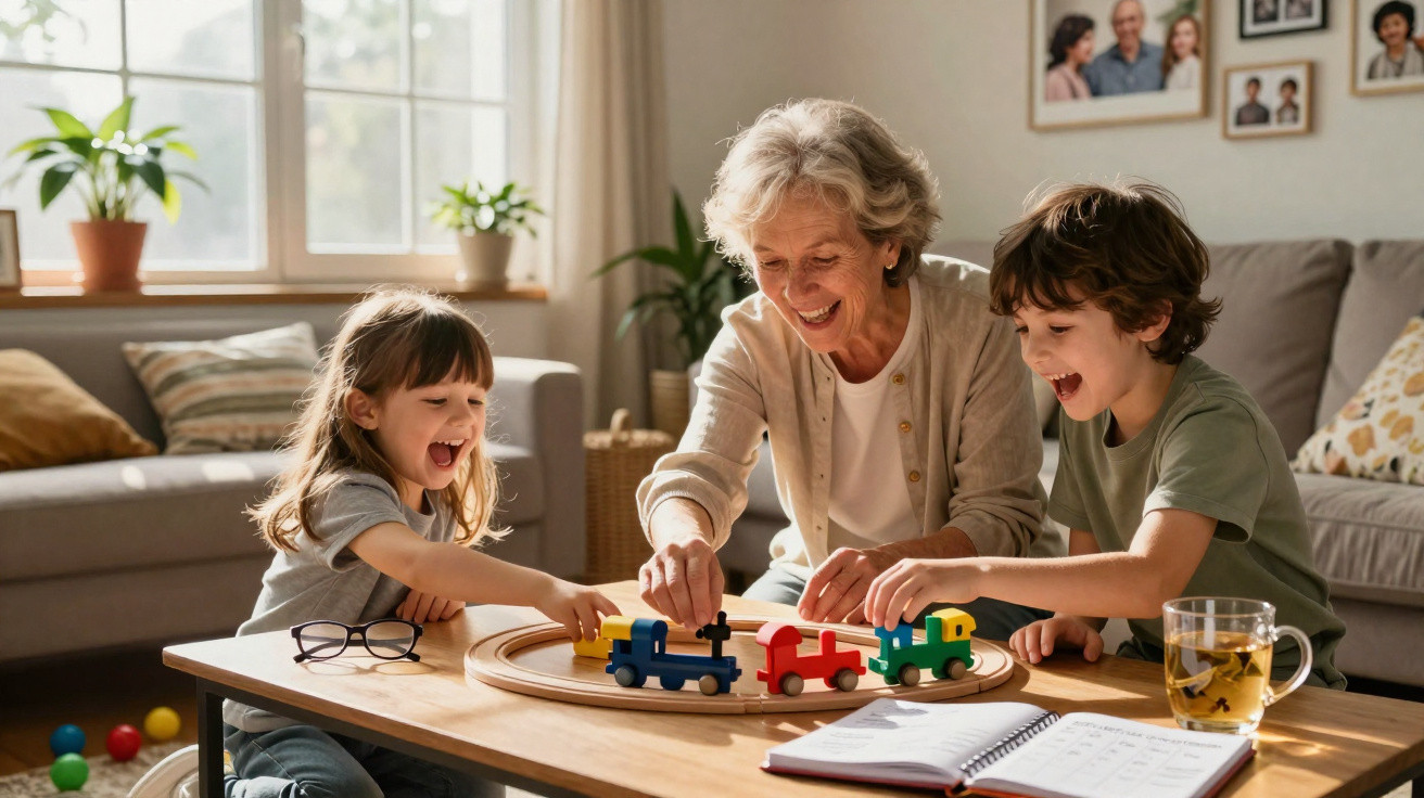 Ältere Frau spielt mit zwei Kindern fröhlich mit einer bunten Holzeisenbahn im Wohnzimmer.