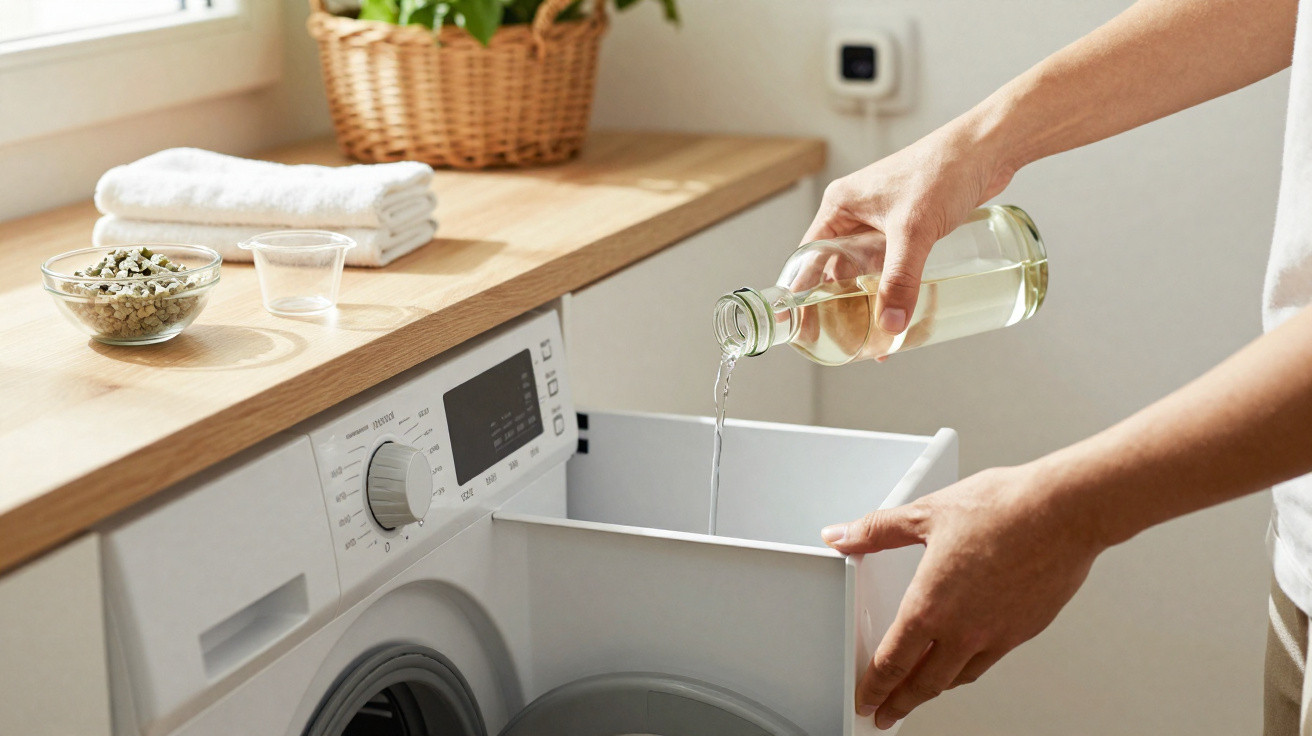 Person gießt Flüssigkeit aus Glasflasche in Waschmaschine, daneben Handtücher und Pflanze auf Holzarbeitsplatte.