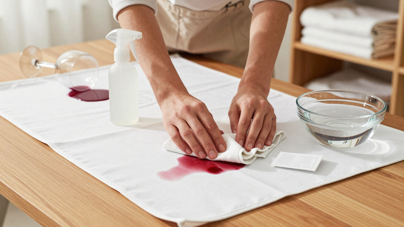 Person entfernt Rotweinflecken mit Tuch von weissem Tischläufer, daneben Schale mit Wasser und Sprühflasche.