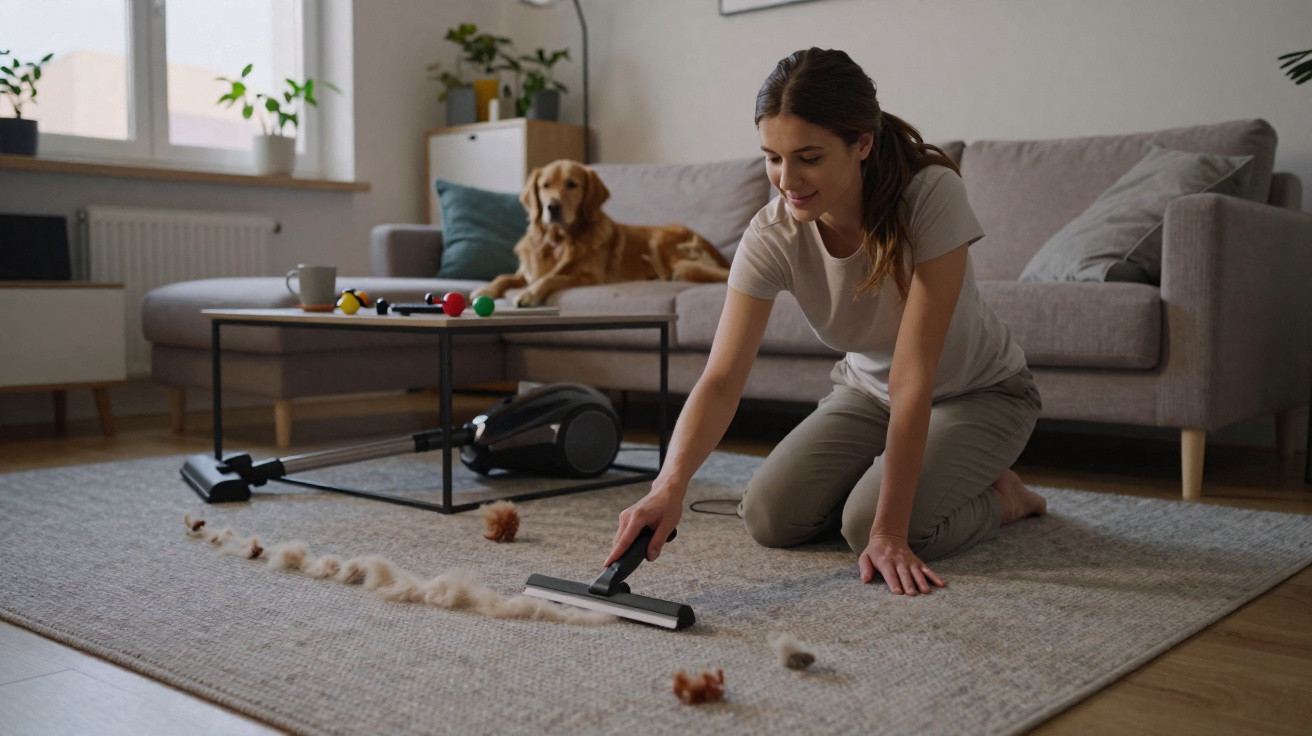 Frau kniet am Boden und saugt Staub und Tierhaare von Teppich, Hund liegt auf Sofa im Wohnzimmer.