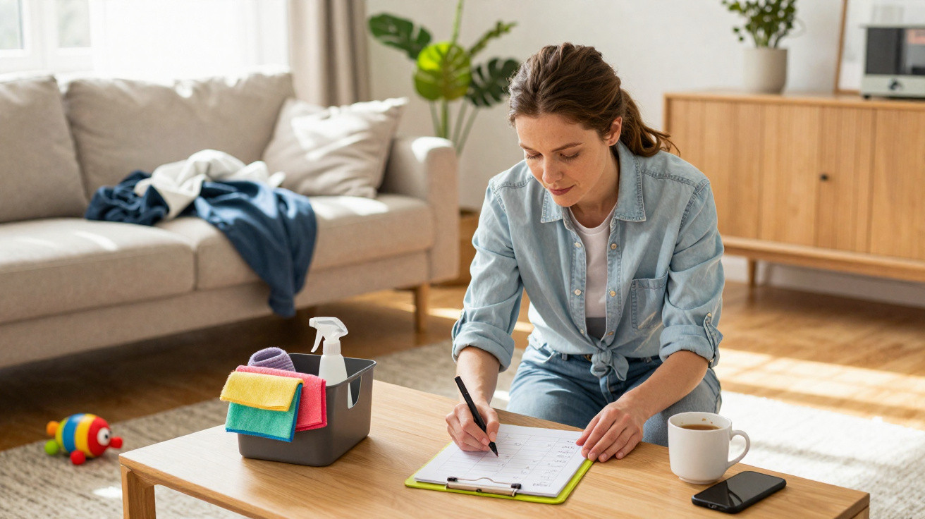 Frau sitzt am Couchtisch, macht Notizen, Reinigungsutensilien und Tasse Kaffee stehen daneben im Wohnzimmer.