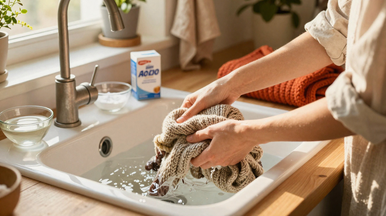 Person wäscht Wollpullover von Hand in einem Waschbecken mit Natron und Wasser in einer Küche.