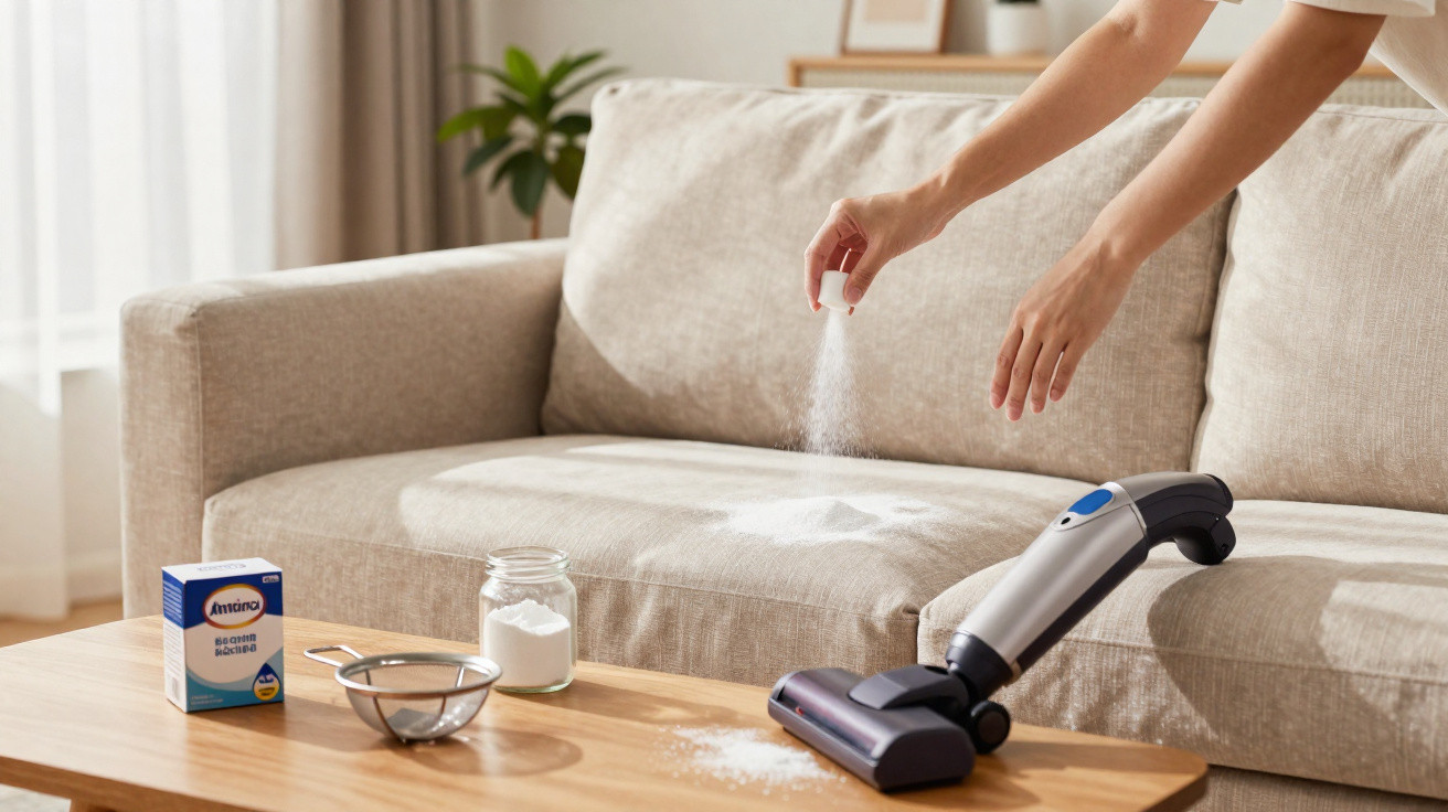 Person streut Backpulver auf Sofa, um es mit Handstaubsauger zu reinigen.