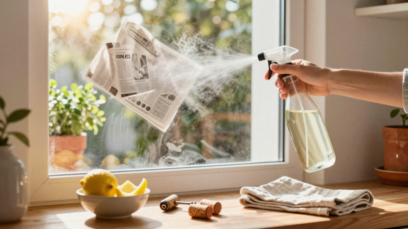 Hand sprüht Reinigungsmittel auf ein Fenster mit Zeitung für Fensterputzen, sonnige Küche im Hintergrund.