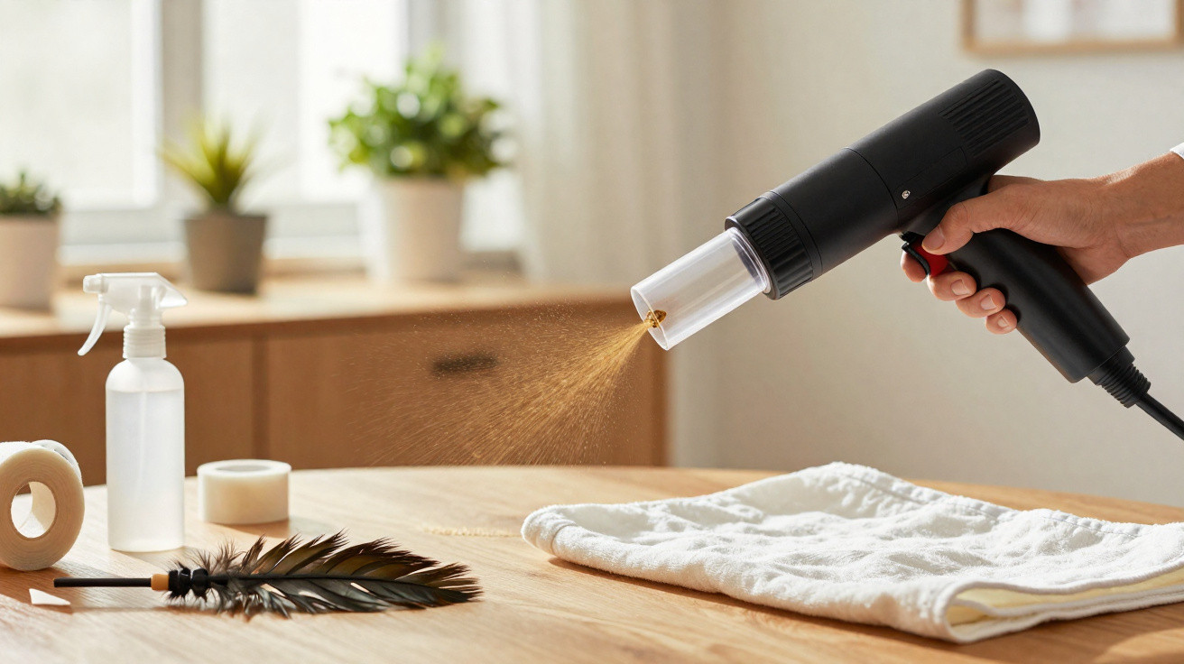 Hand hält schwarzen Diffuser, der feinen Nebel auf weißen Stoff auf Holztisch sprüht, daneben Feder und Sprayflasche.