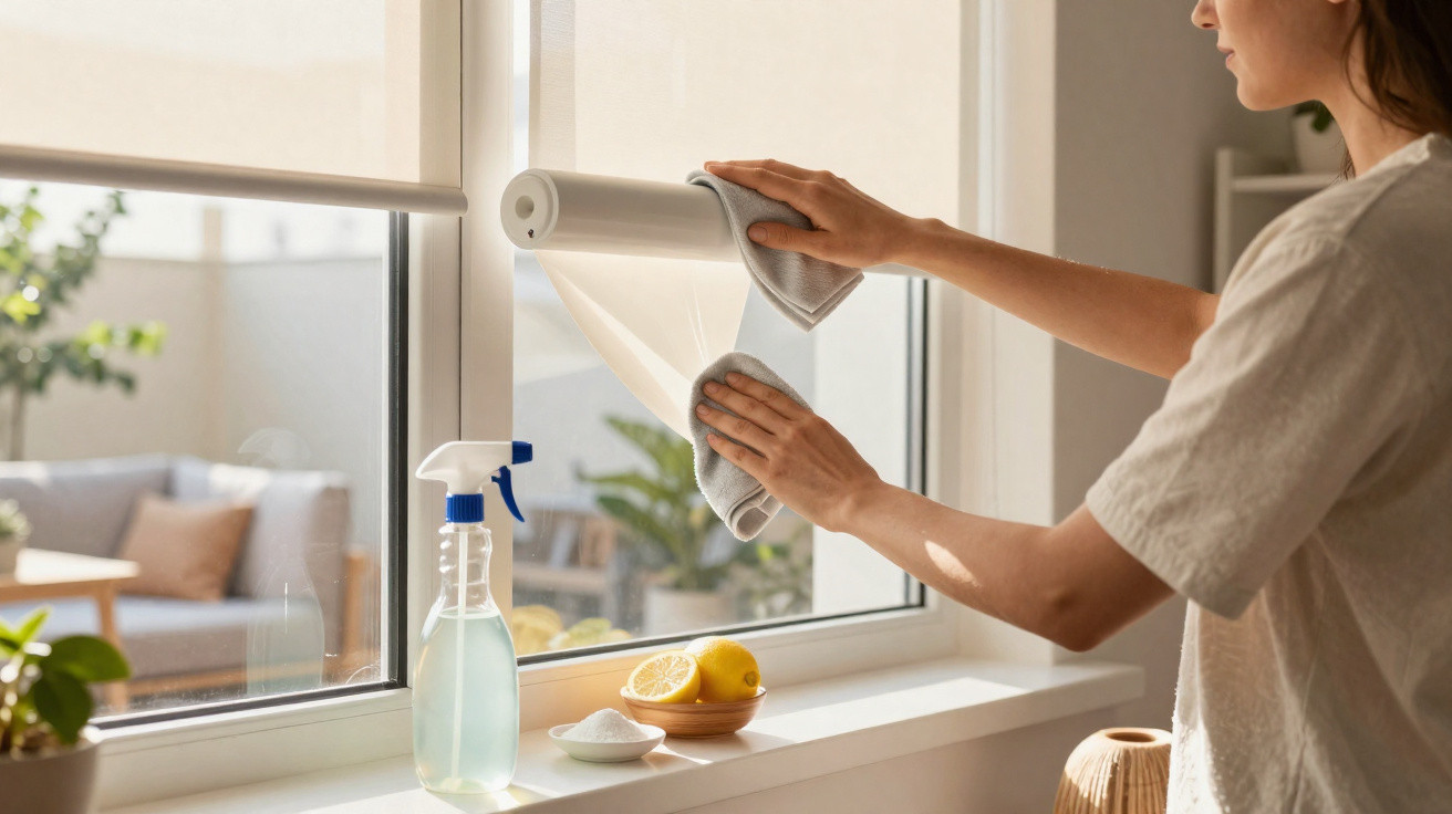 Frau reinigt Fensterscheibe mit Tuch und Sprühflasche auf sonnigem Fensterbrett mit Zitronen.