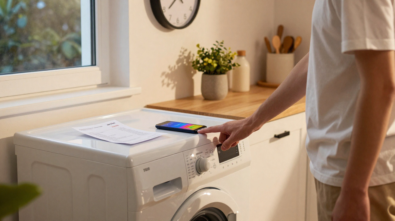Person bedient Waschmaschine in hellem Raum mit Fenster und Schrank, Handy und Papier liegen oben drauf.