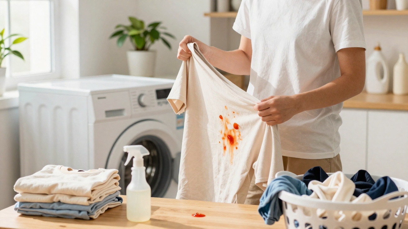 Person hält weißes T-Shirt mit rotem Fleck vor Waschmaschine in heller, moderner Waschküche