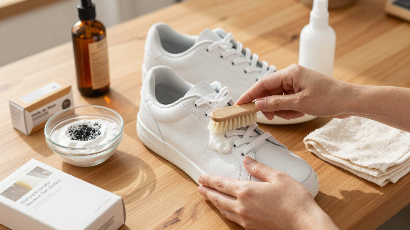 Weiße Sneakers werden auf einem Holztisch mit Bürste und Reinigungsschaum geputzt, Reinigungsmittel und Tuch daneben.