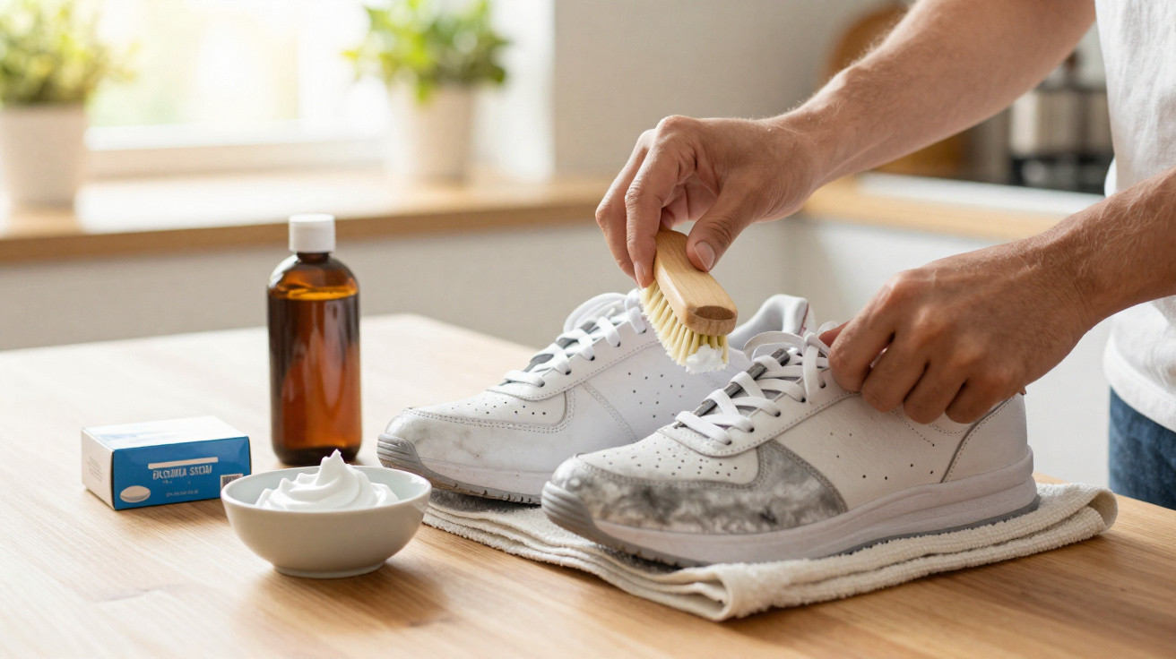 Mann reinigt weiße Sneakers mit Bürste und Cremes auf Holzplatte in hellem Raum.