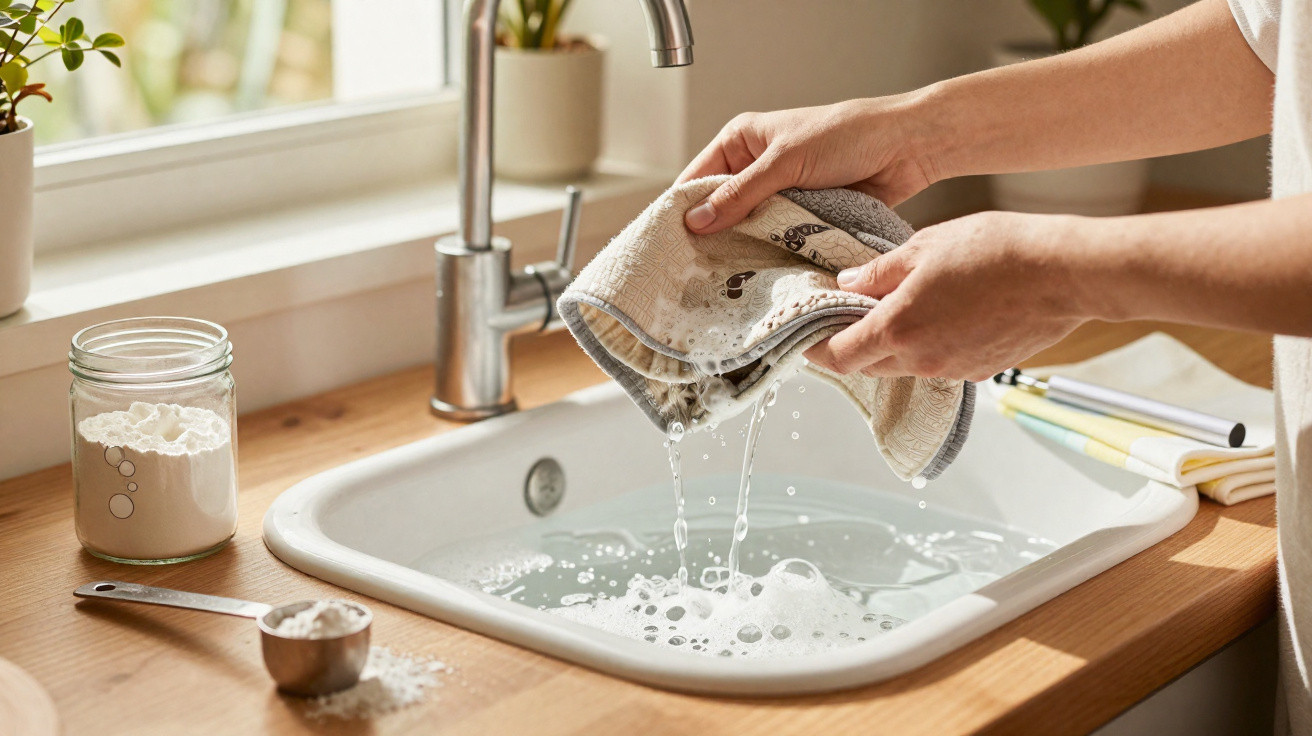 Person wringt ein feuchtes Küchentuch über einem Spülbecken mit Seifenwasser aus, daneben Backzutaten.