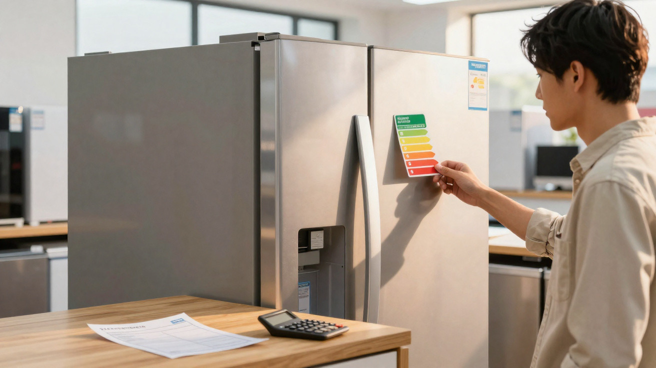 Mann prüft Energielabel an einem silbernen Kühlschrank in einem modernen Elektrogeschäft.