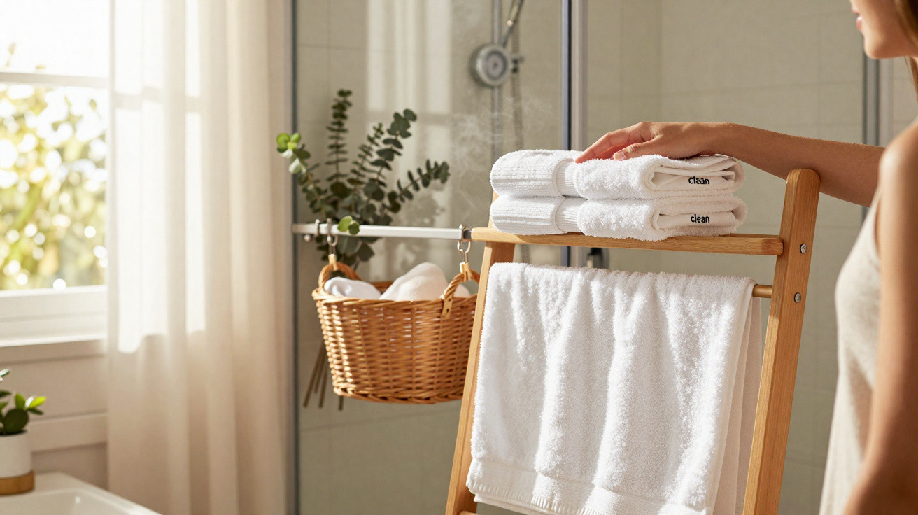 Weißer Handtuchhalter mit frischen Handtüchern neben einem gefliesten Badezimmer mit Pflanzen und Fensterlicht.