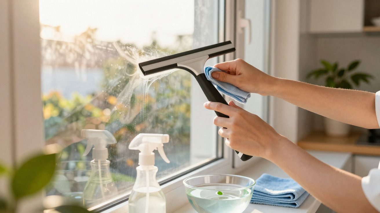 Person reinigt Fenster mit Abzieher und Mikrofasertuch, Sprayflaschen und Schüssel auf Fensterbank.