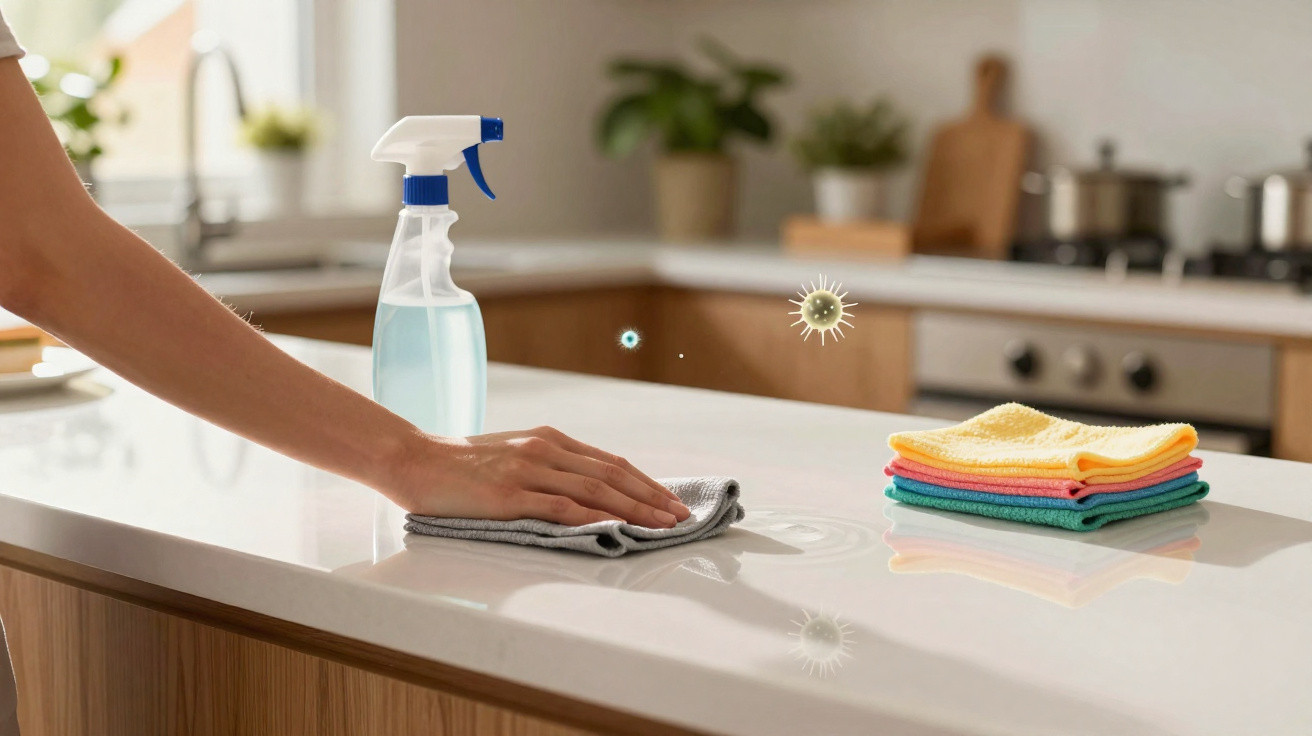 Hand wischt mit Tuch eine saubere Küchenarbeitsplatte, Sprayflasche und bunte Tücher liegen daneben.