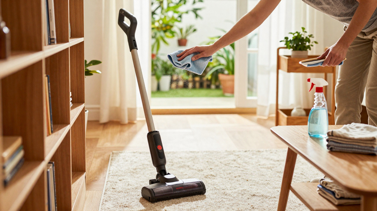 Person reinigt mit Staubsauger Teppich und wischt Möbel in hellem Wohnzimmer mit Pflanzen.