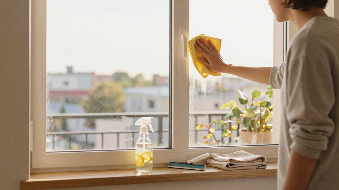 Person wischt mit gelbem Tuch ein Fenster, auf der Fensterbank stehen Sprayflasche mit Zitrone, Pflanze und Lappen.