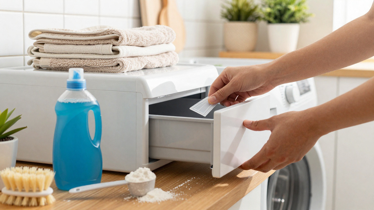Person legt Waschmittel-Tabs in Fach einer Waschmaschine, neben Reinigungsmittel und Handtüchern auf Holzleiste