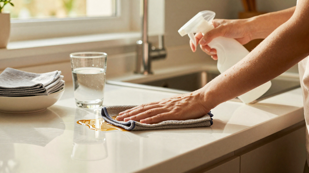 Hand wischt mit Tuch und Sprühflasche verschüttete Flüssigkeit auf Küchentheke neben Glas Wasser weg.