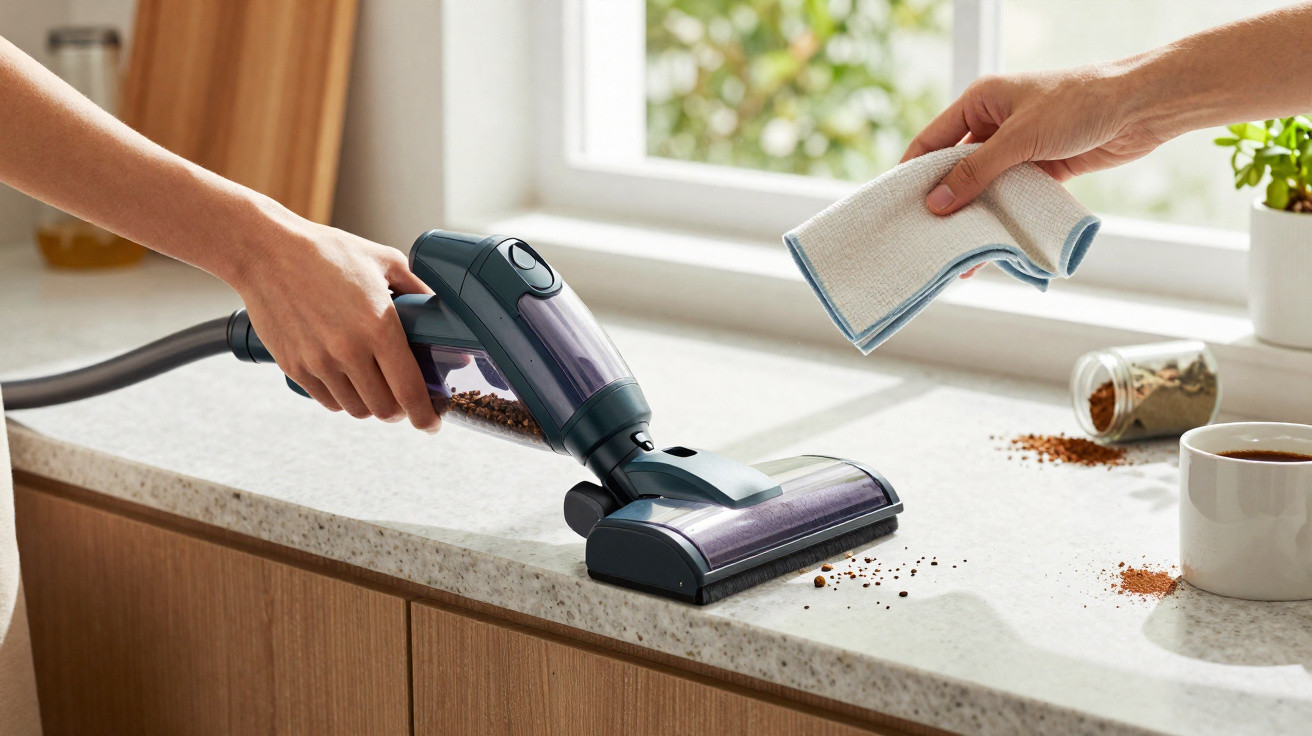 Hand saugt Krümel von Küchenarbeitsplatte, andere Hand hält Putzlappen bereit.