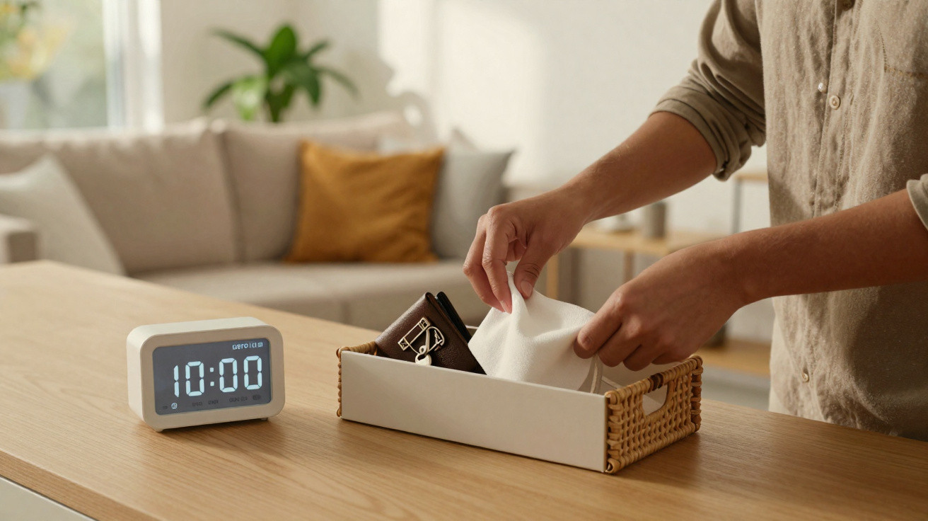 Person legt eine Gesichtsmaske in einen Korb auf einem Holztisch neben einem digitalen Wecker mit 10:00 Uhr.