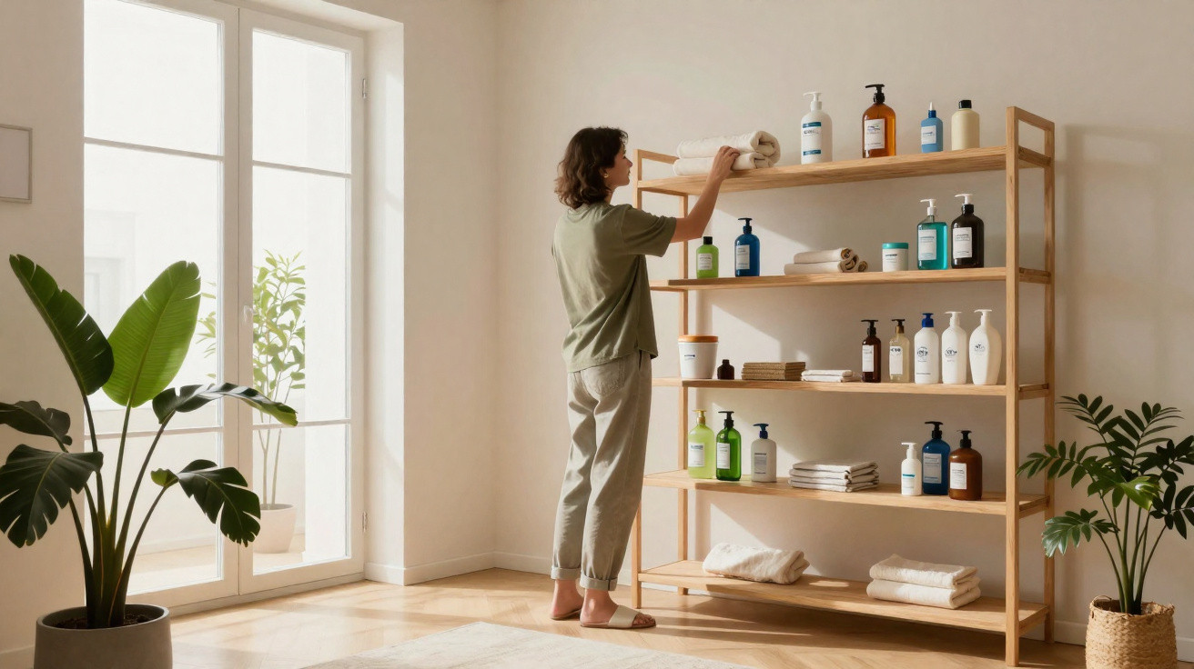 Frau räumt Handtücher und Pflegeprodukte in Holzregal in hellem, minimalistischem Zimmer mit Pflanzen.