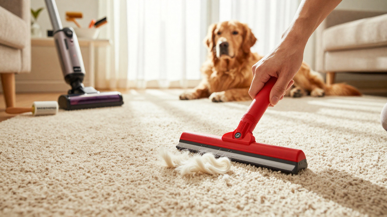 Hand nutzt roten Fusselroller auf Teppich, im Hintergrund liegt ein golden Retriever Hund entspannt.