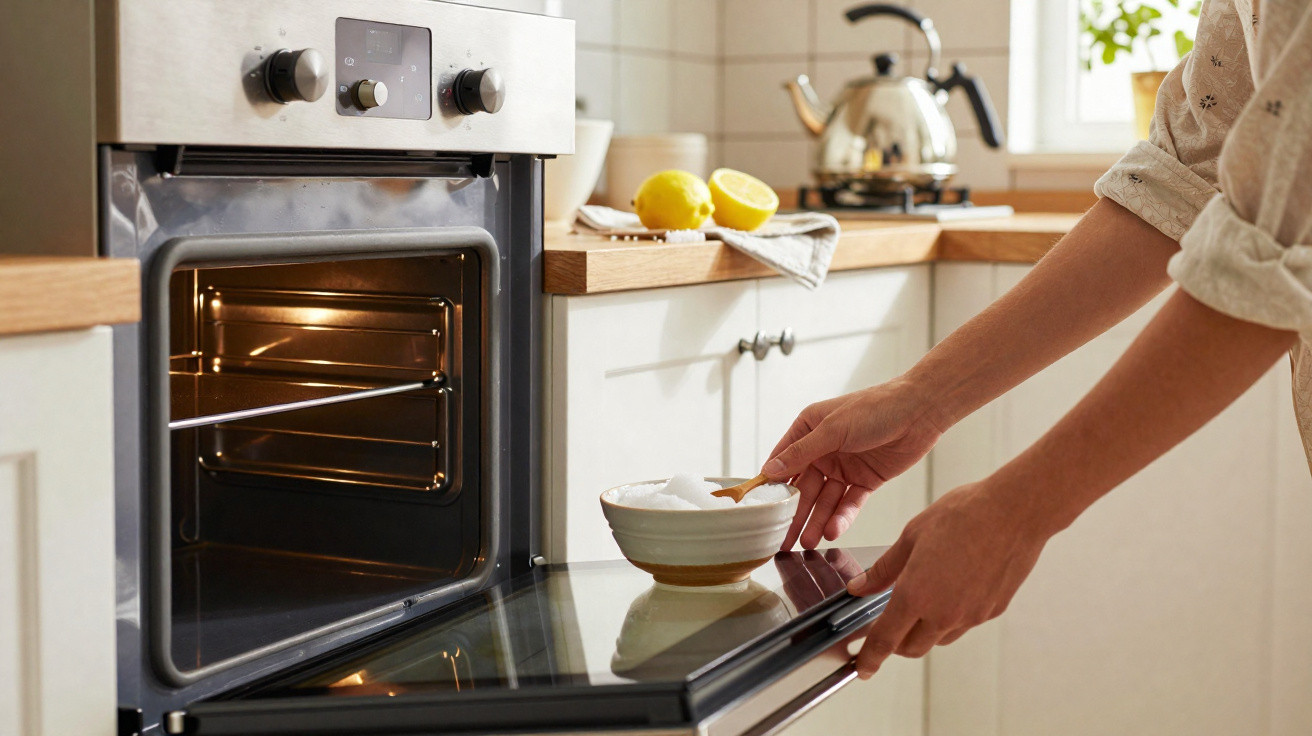 Frau stellt kleine Schüssel mit Zutaten in geöffneten Backofen in moderner Küche.