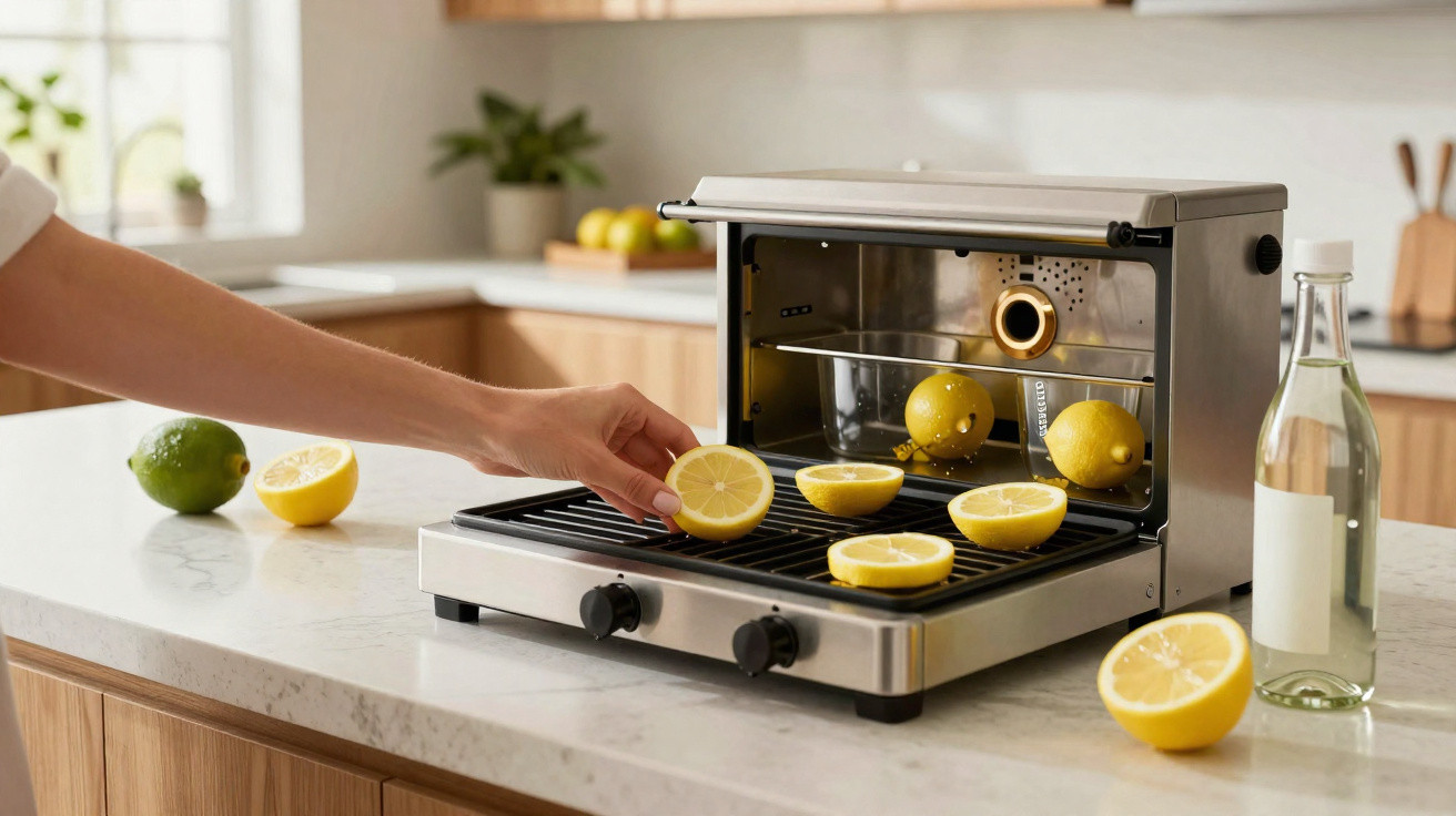 Hand legt Zitronenhälfte auf Edelstahl-Grillgerät in moderner Küche auf heller Arbeitsplatte.