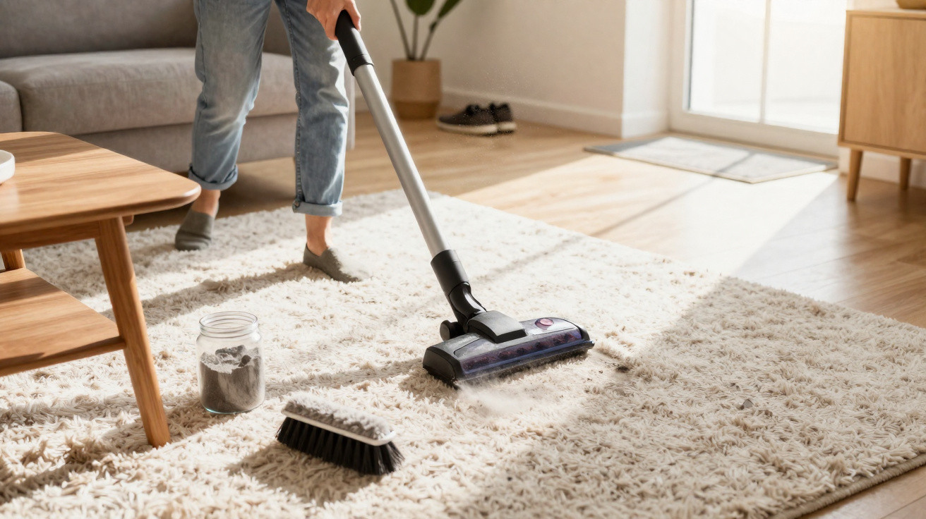 Person saugt Teppich in hellem Wohnzimmer mit Staubsauger und Besen sauber.