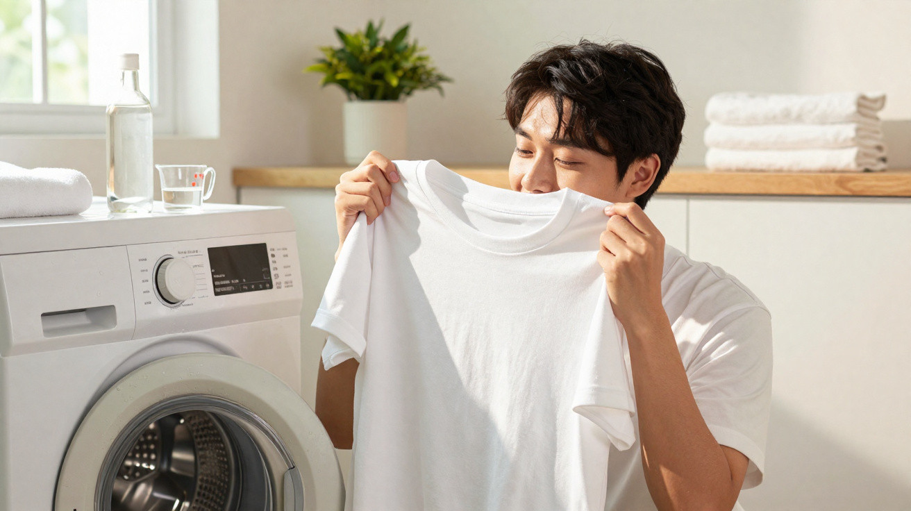 Junger Mann riecht frisch gewaschene weiße T-Shirt vor einer Waschmaschine in hellem Raum.