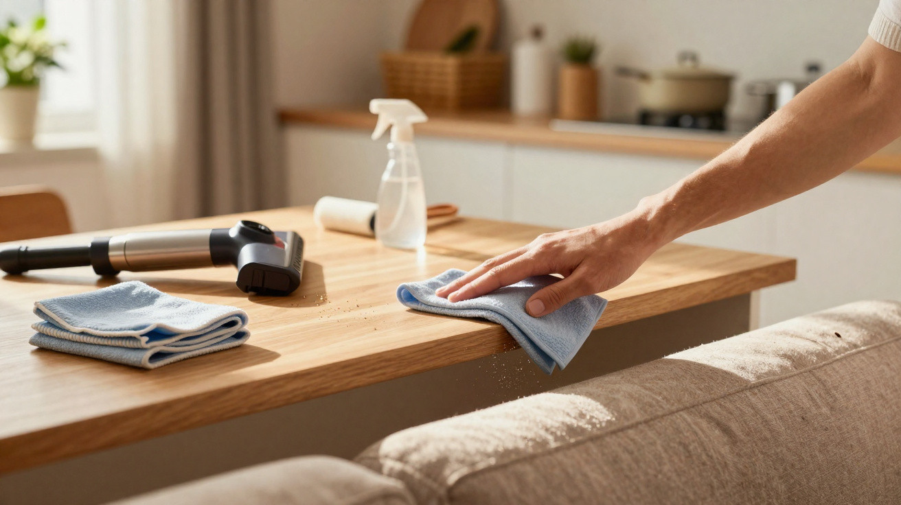 Hand wischt Staub von Holzplatte, Staubsaugerdüse und Reinigungsspray stehen auf Tisch in Wohnzimmer.
