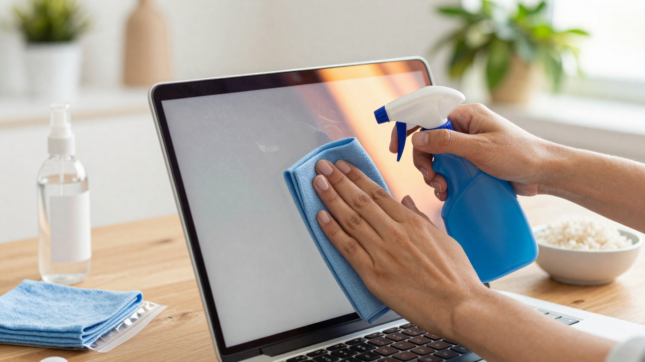 Hände reinigen Laptop-Bildschirm mit blauem Tuch und Reinigungsspray auf hellem Holztisch bei Tageslicht.