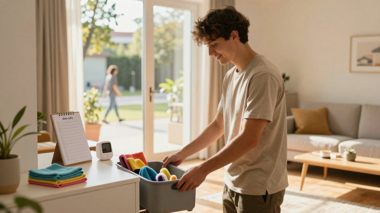 Junger Mann sortiert bunte saubere Wäsche in einem hellen Wohnzimmer mit offenem Gartenzugang.