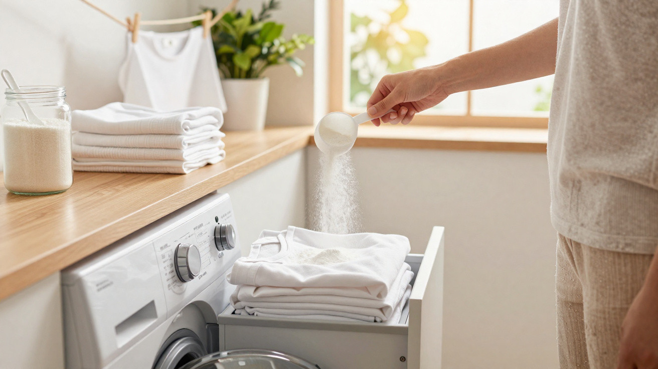 Hand schüttet Waschpulver in Schublade neben weißer Waschmaschine in hellem Wäschezimmer.