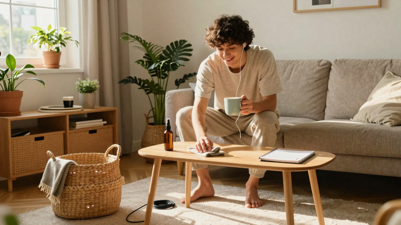 Junger Mann sitzt mit Tasse und Kopfhörern auf Sofa und wischt Couchtisch in hellem Wohnzimmer mit Pflanzen.